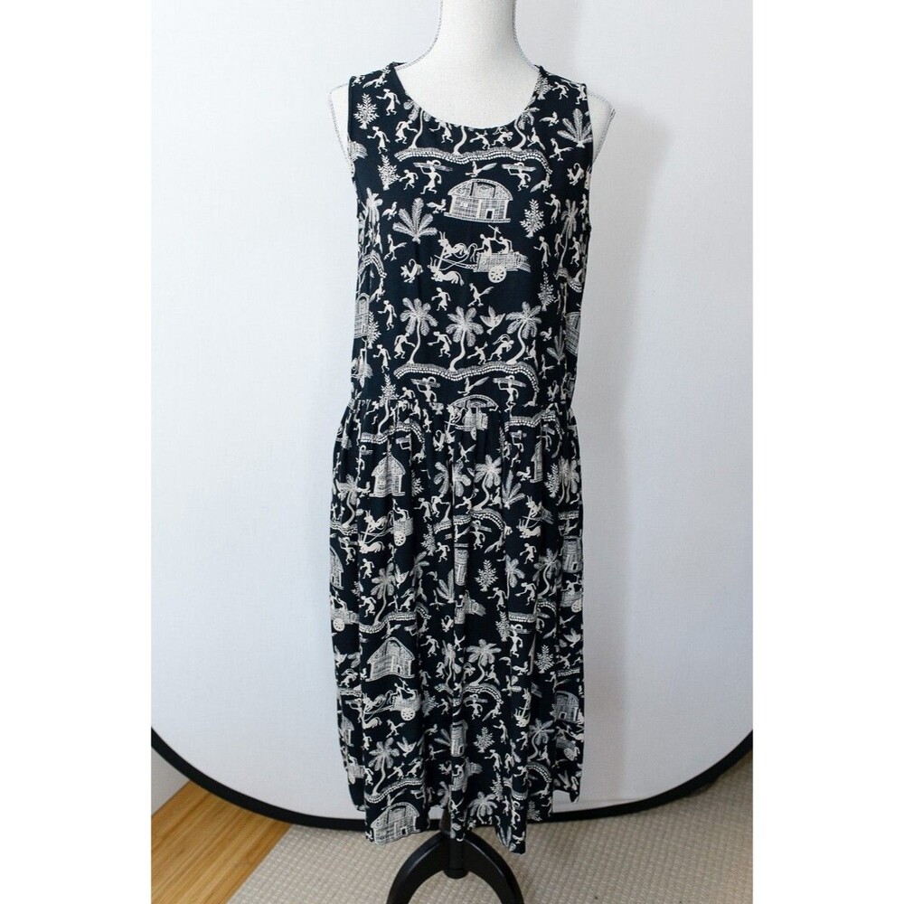 Primitives Dress Small black print maxi palms birds animals lagenlook artsy boho